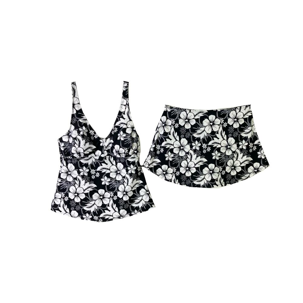 NWOT INGEAR Swim Set Sz 10 Floral Black White Hibiscus Adjust Strap Padded Skirt